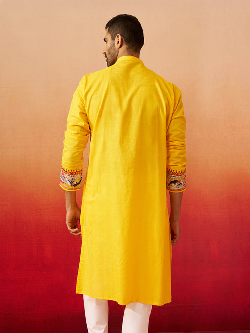 Vastramay Men Yellow Cotton High Neck Digital Print Kurta